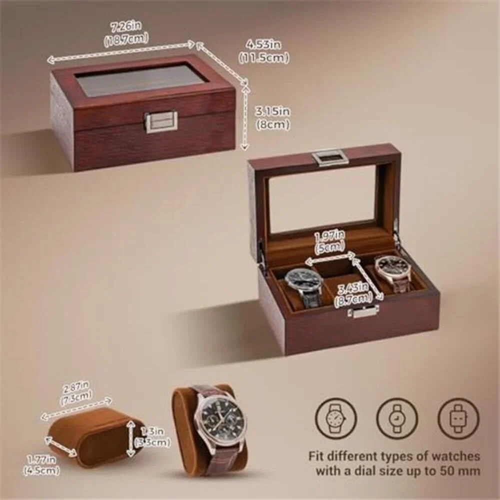 Wooden Watch Box for Men, 3 Slot Watch Display Case with Glass Lid